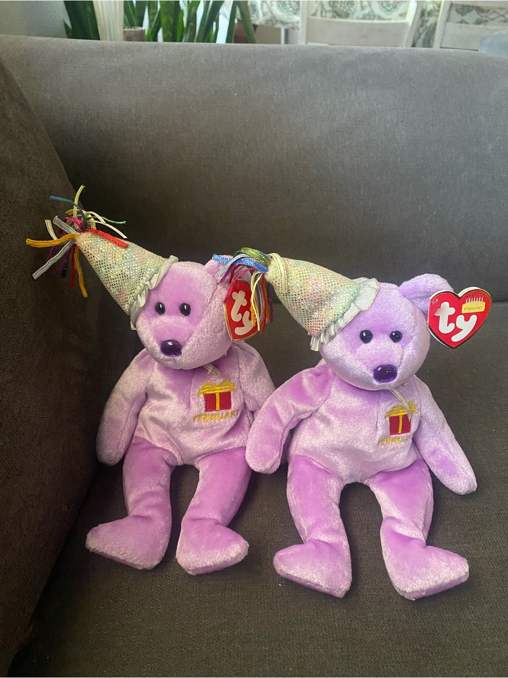 Ty Beanie Feb Birthday Bear Duo with Shimmer Party Hats one 9 the other 8 in